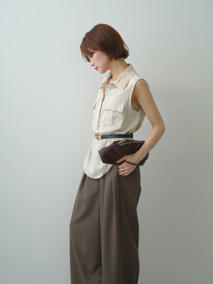 [予約]ベルト付レースカラーWポケットノースリシャツ/beige