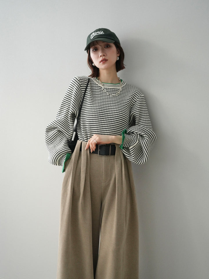[SET]ラメ異素材ボーダーリブニットプルオーバー+ベルトデザインループコールテンワイドパンツ(ベルト付き)(2set)