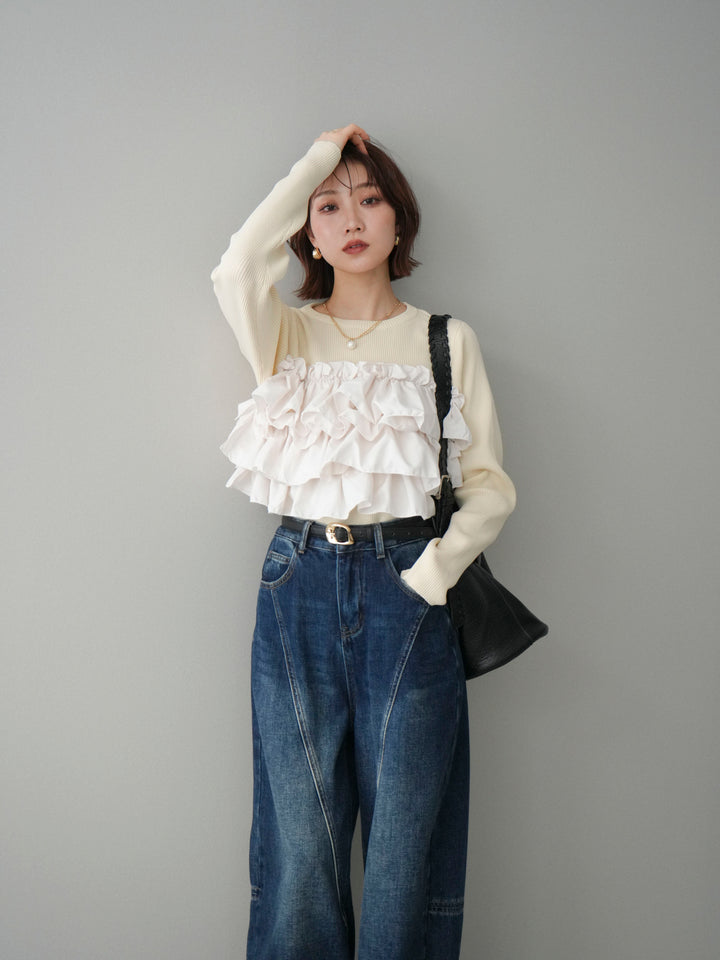 [SET]フリルビスチェドッキングスポンジニットプルオーバー+裏起毛加工デニムカーブパンツ(2set)