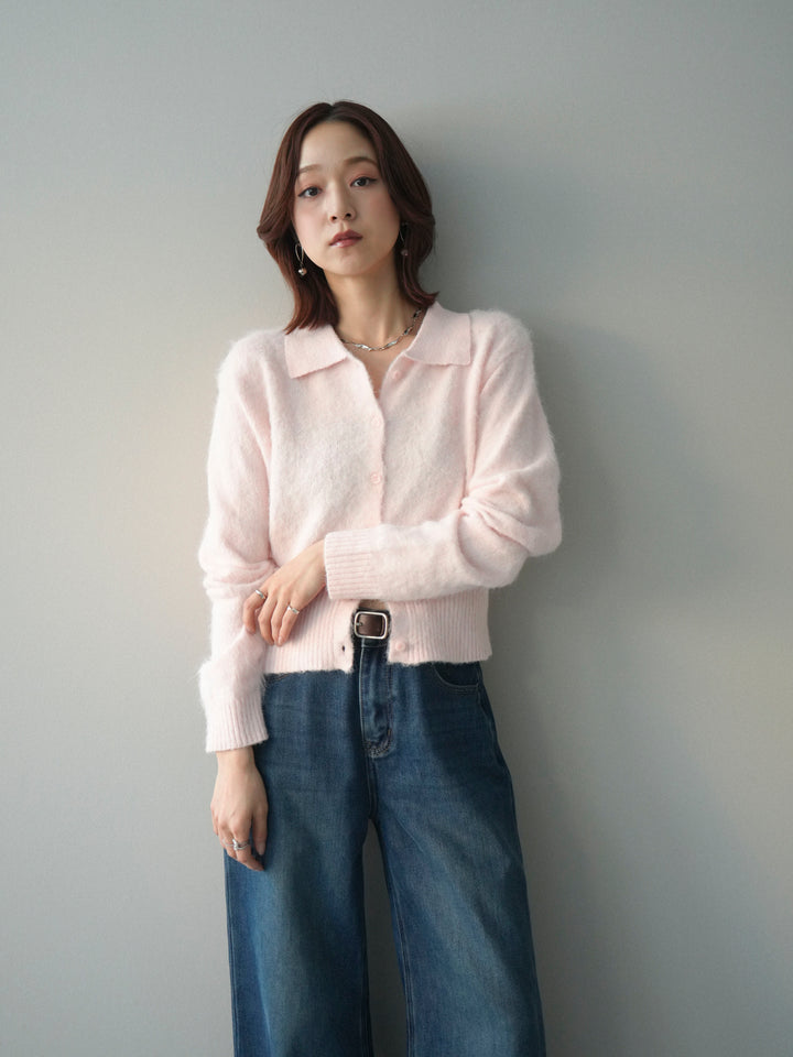 [SET]モヘア衿付きボタンプルオーバー+裏起毛裾フリンジワイドデニムパンツ(2set)