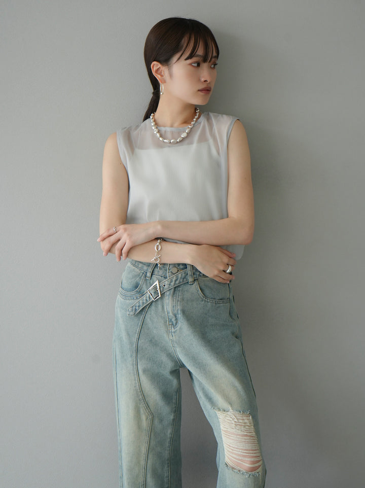 [SET] Organdy sleeveless top + belt asymmetrical damaged denim (2set)