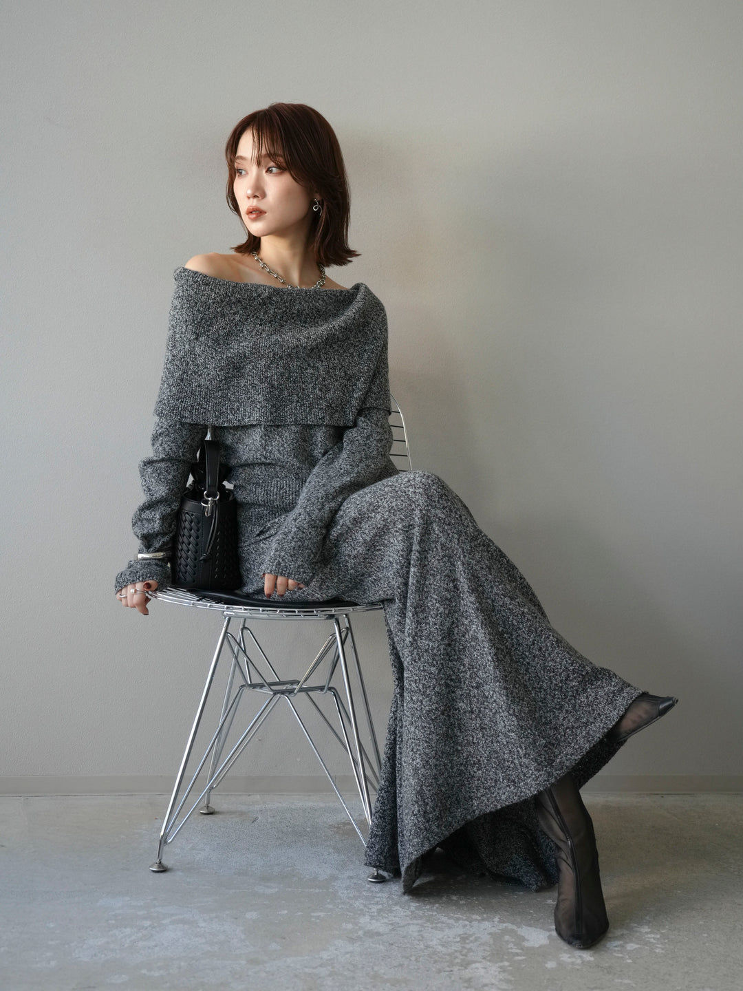 [予約]ミックスヤーンオフショルニットプルオーバー/ブラック