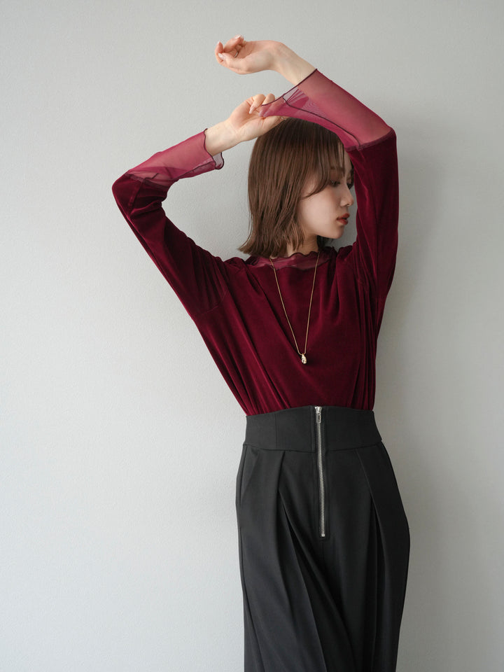 [預購] 薄紗天鵝絨上衣/酒紅色