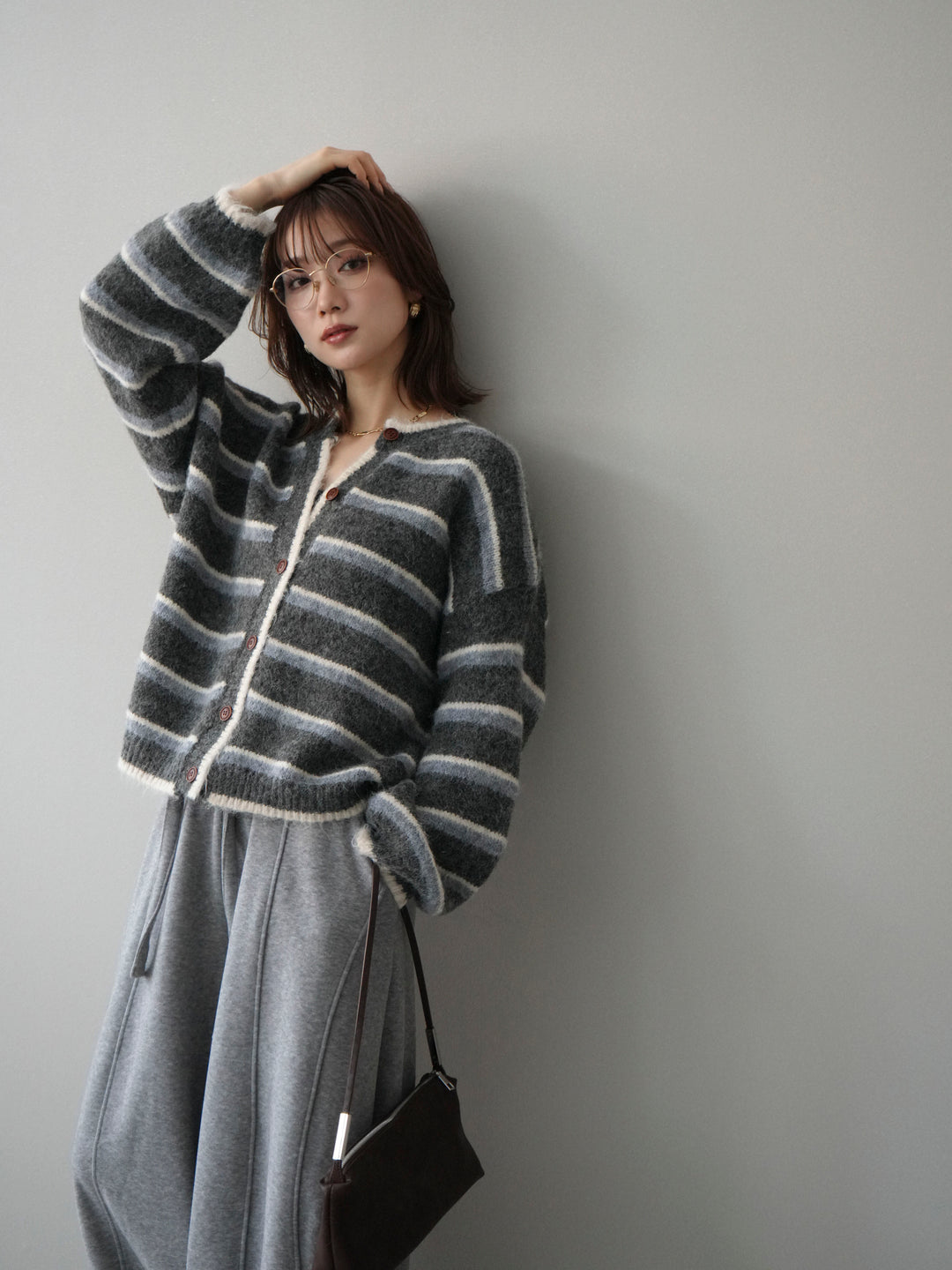 [予約]ウールタッチ配色ボーダーニットカーディガン/gray