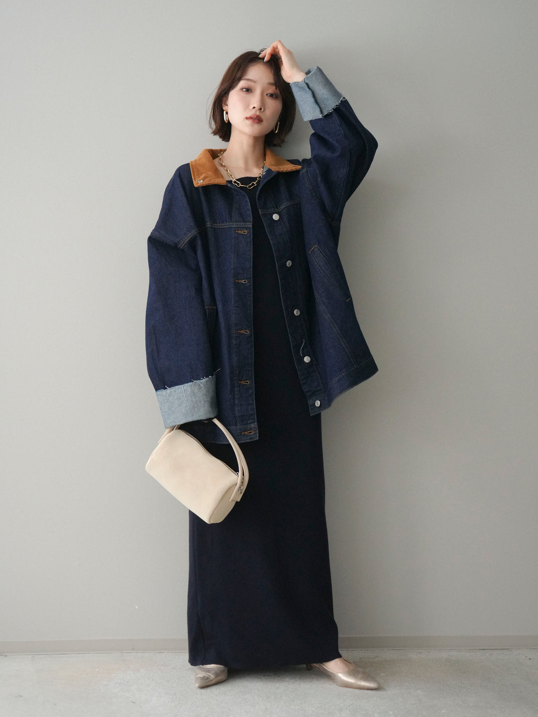 [SET]2WAYニットワンピース+コーデュロイ×デニムミドルジャケット(2set)