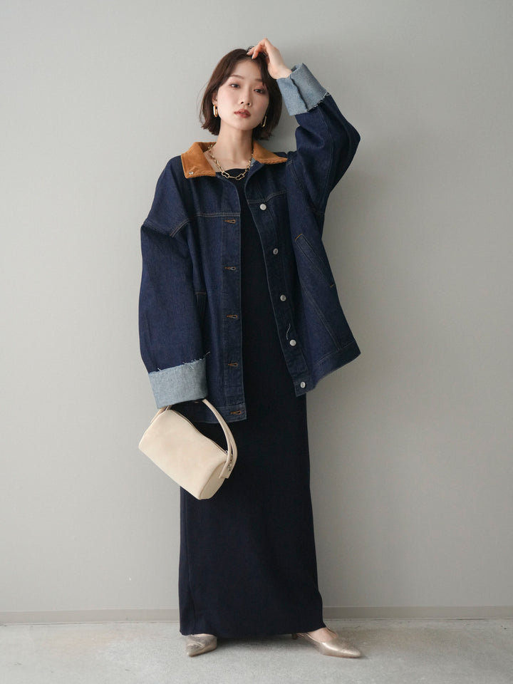 [SET]2WAYニットワンピース+コーデュロイ×デニムミドルジャケット(2set)