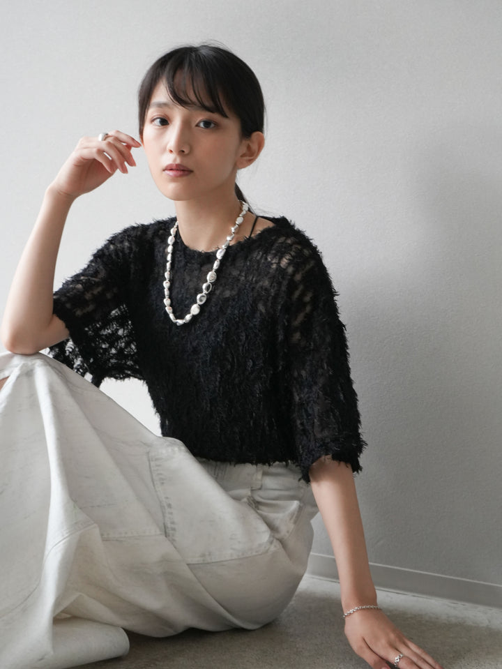 [Pre-order] Fringe Tulle 5/4 Sleeve Over Top/Black