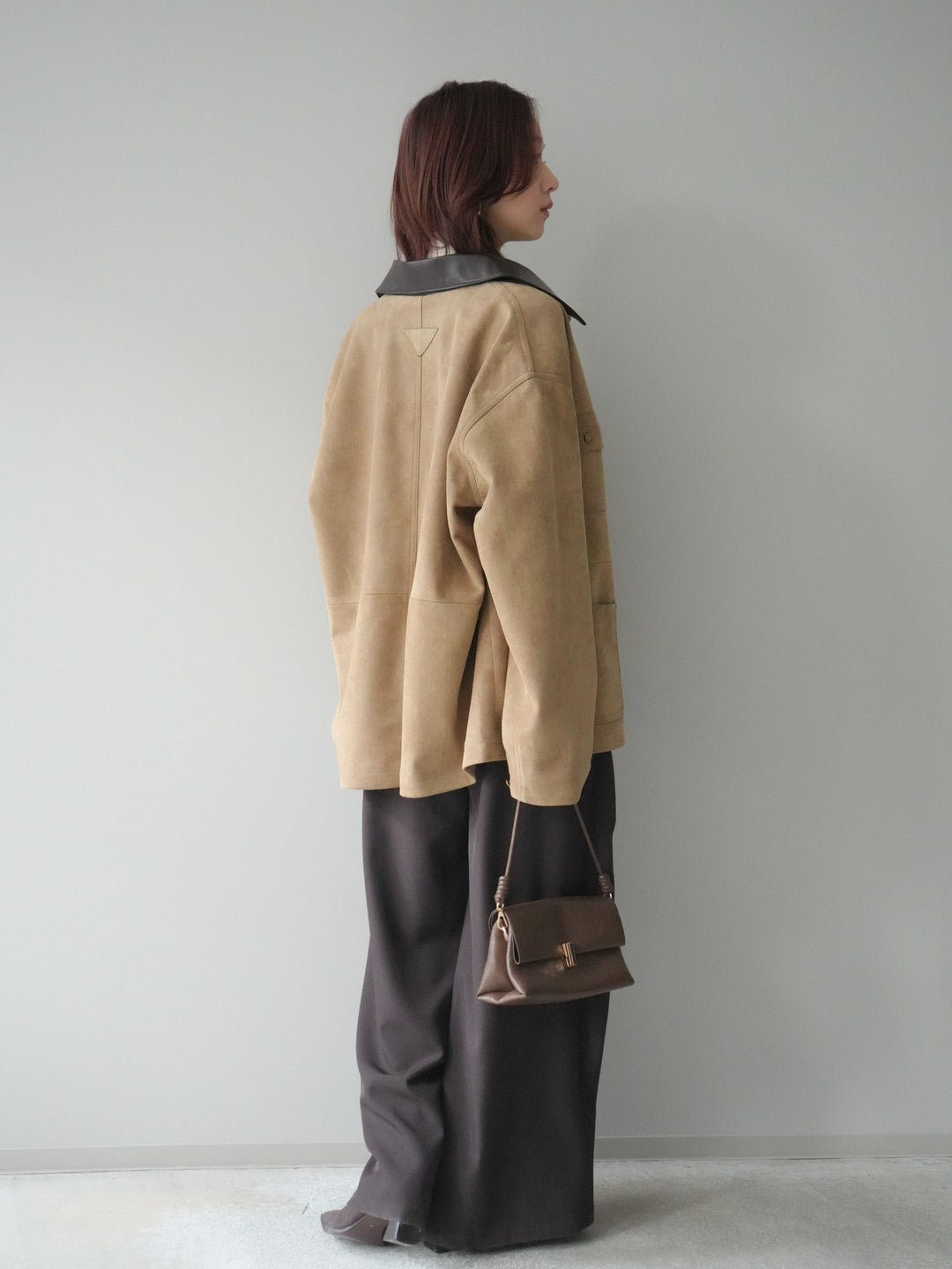 [SET]襟レザーステンカラースエードジャケット+袖ボタンボトルネックリブニットトップス+ベルトループデザインワイドパンツ(3set)