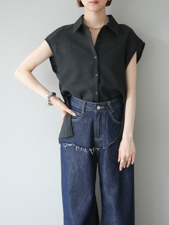 [SET] 透視格紋無袖襯衫 + 臀部設計牛仔褲（2 套）