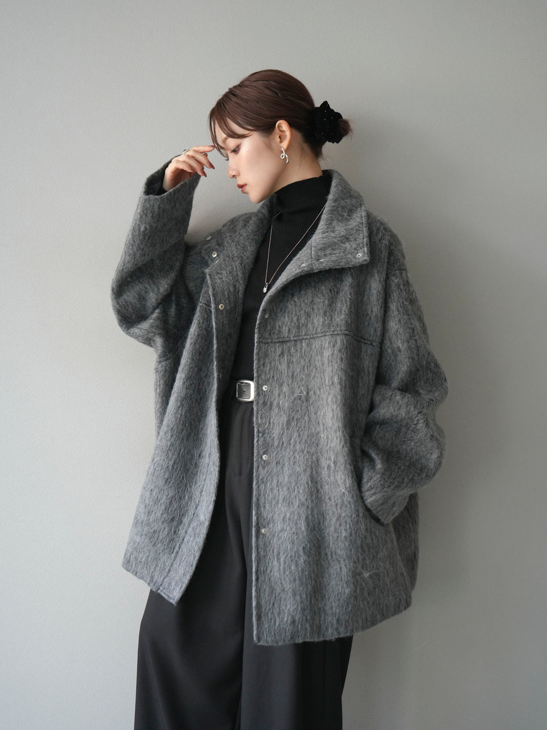 [予約]スタンドカラーシャギーコート/charcoal