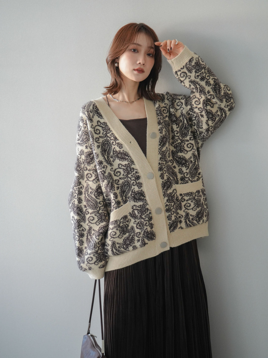 [予約]ペイズリー柄ニットカーディガン/brown