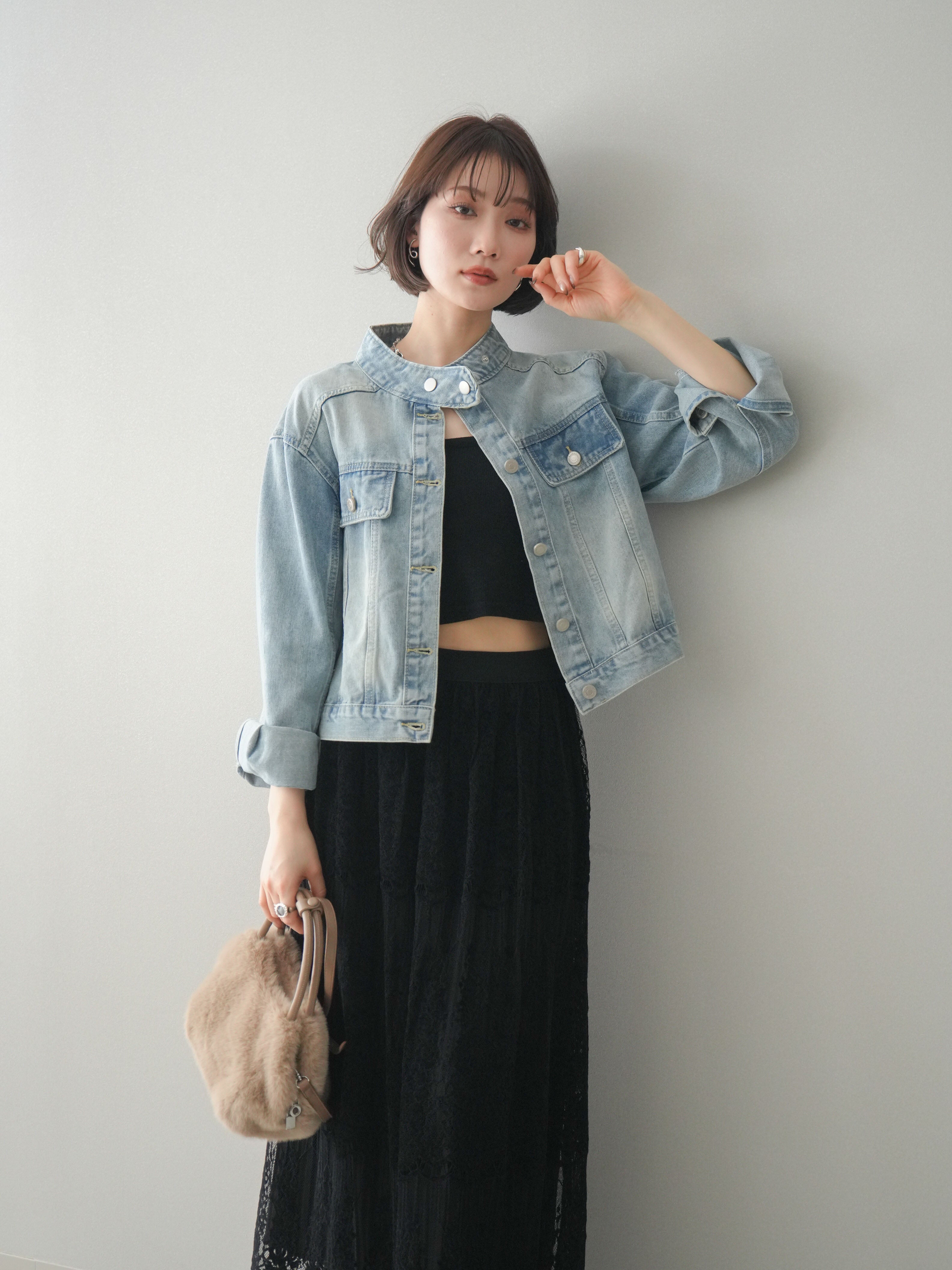 SET]スタンドカラーコンパクトデニムジャケット+スタンドカラー