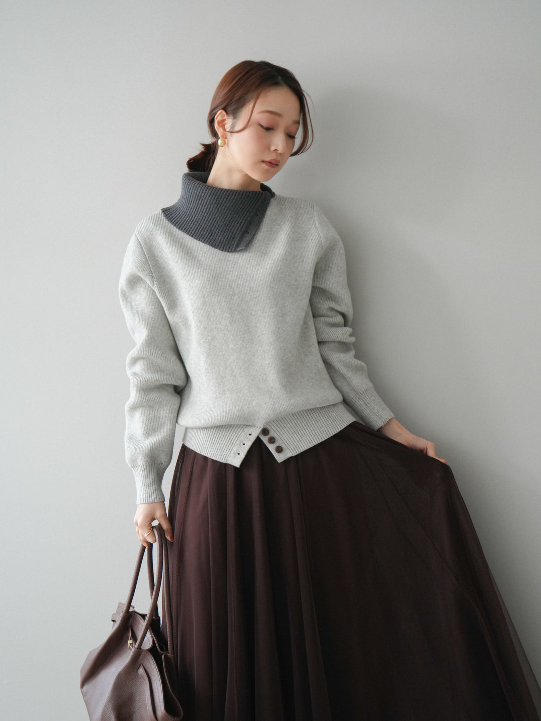 [予約]デザインネックバイカラーニットプルオーバー/gray