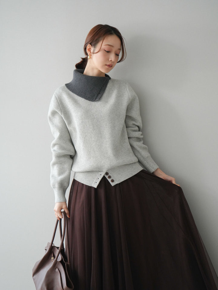 [予約]デザインネックバイカラーニットプルオーバー/gray