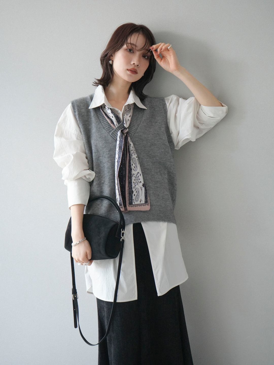 [予約]スカーフ付きニットベスト/gray