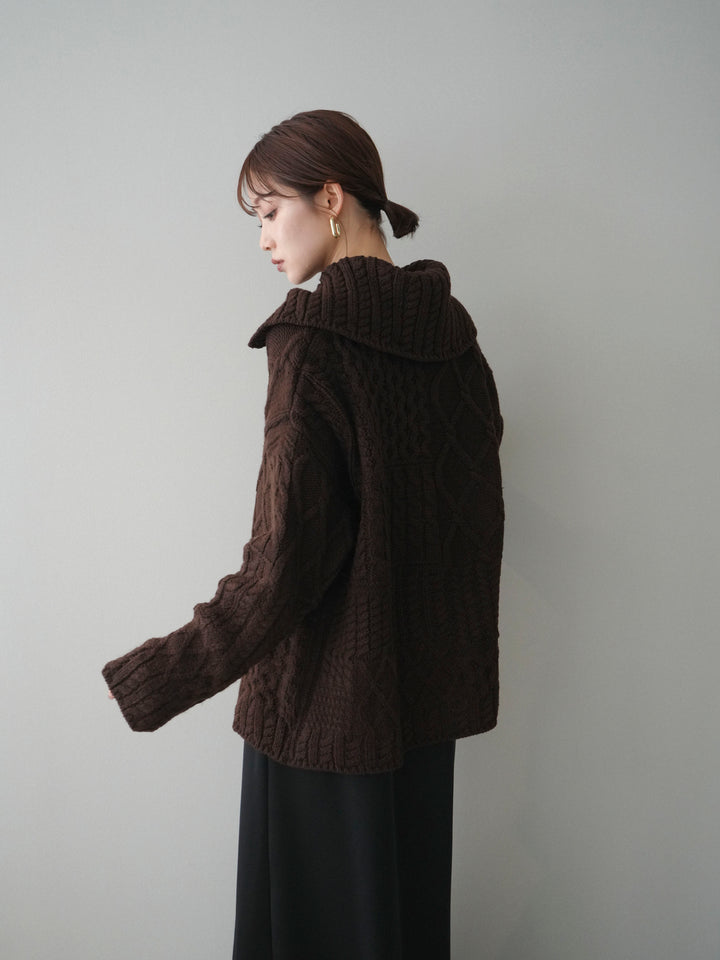 [予約]ケーブル編みデザインニットカーディガン/brown