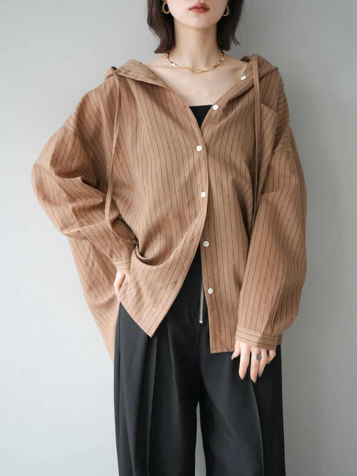 [予約]ワッシャーストライプフーディーシャツ/ブラウン