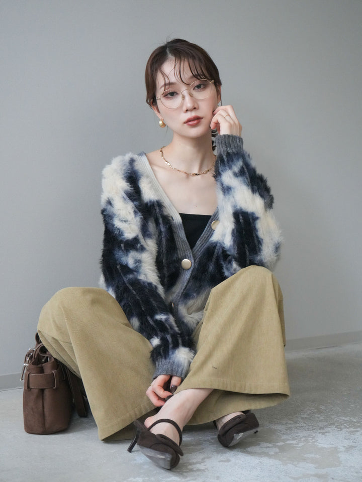 [SET]ニュアンス柄シャギーニットカーディガン+コーデュロイ巻きベルト付きパンツ(2set)