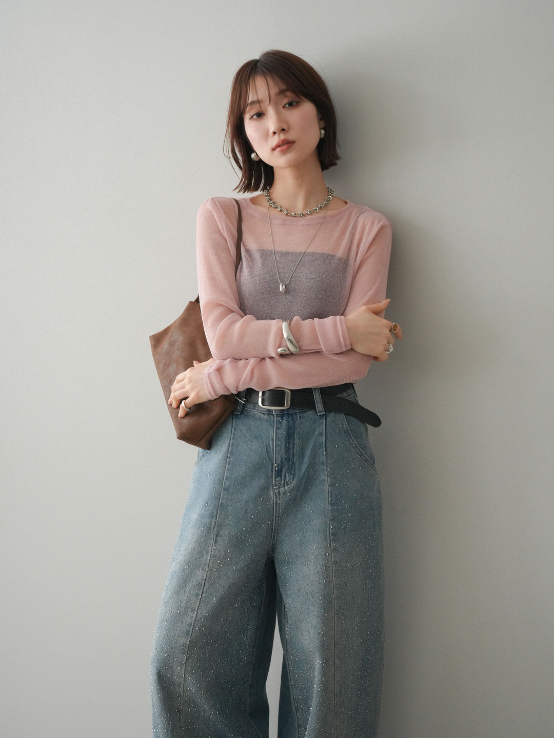 [予約]ラメシアークルーネックトップス/pink