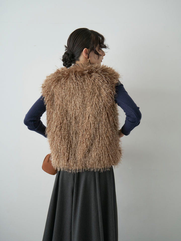 【套裝】雙面拉鍊毛絨背心+羅紋高領針織上衣+誇張喇叭裙（三件套）