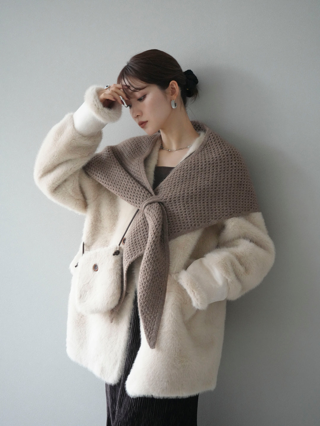 [予約]バッグ付エコファーノーカラーコート/beige