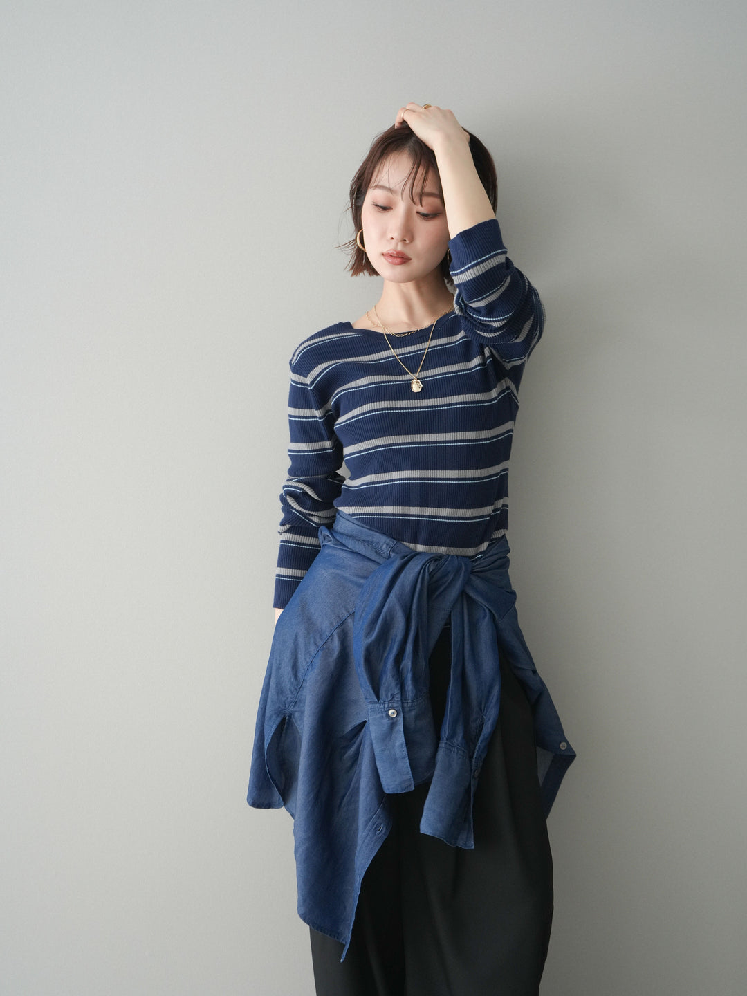 [予約]バックオープンテレコリブマルチボーダートップス/navy