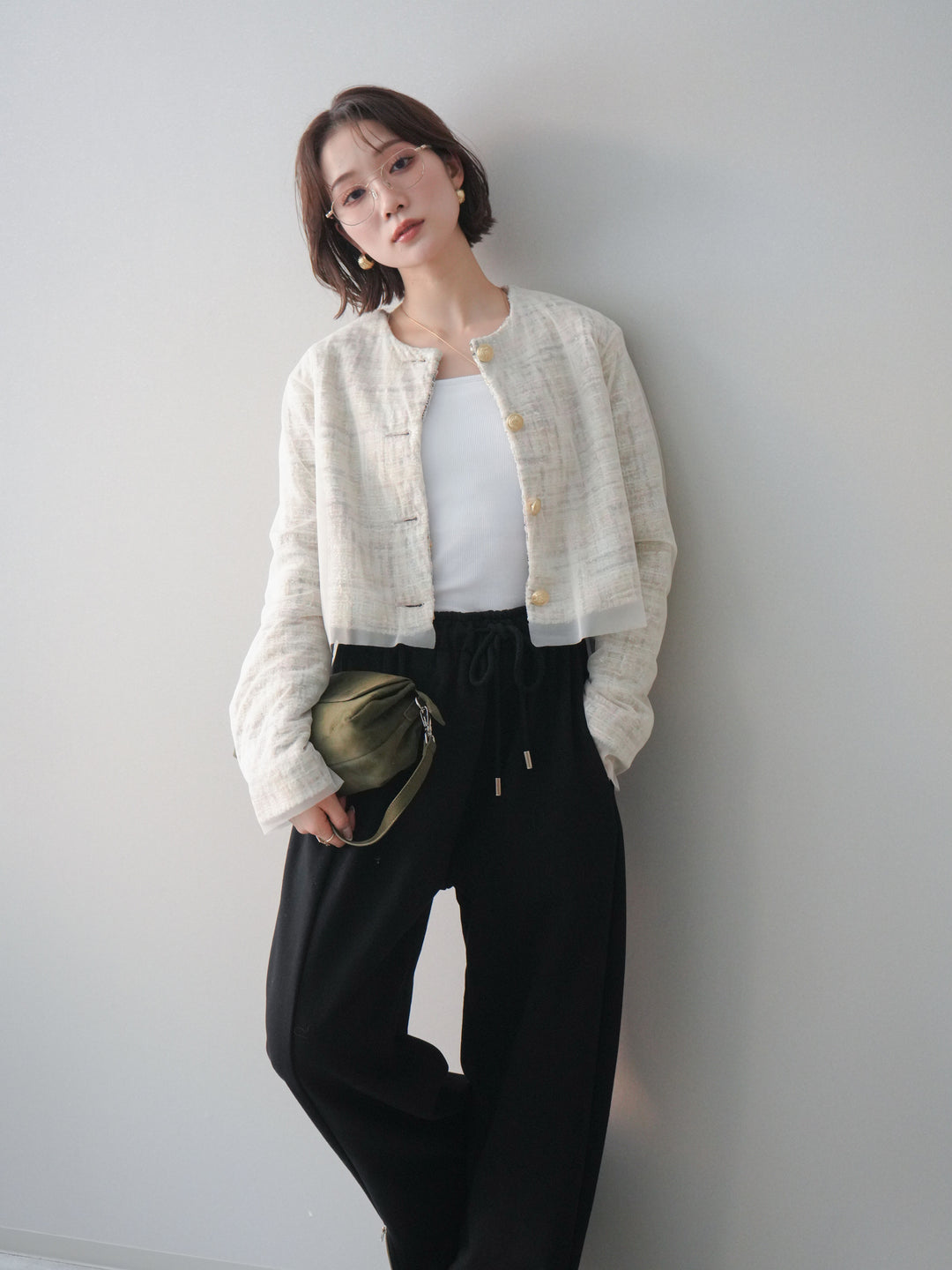 [予約]チュールレイヤードツイードクロップドジャケット/pink