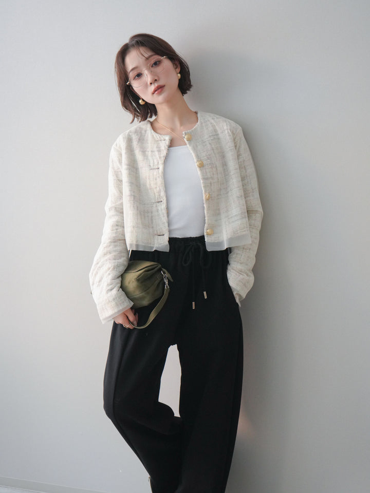 [予約]チュールレイヤードツイードクロップドジャケット/pink