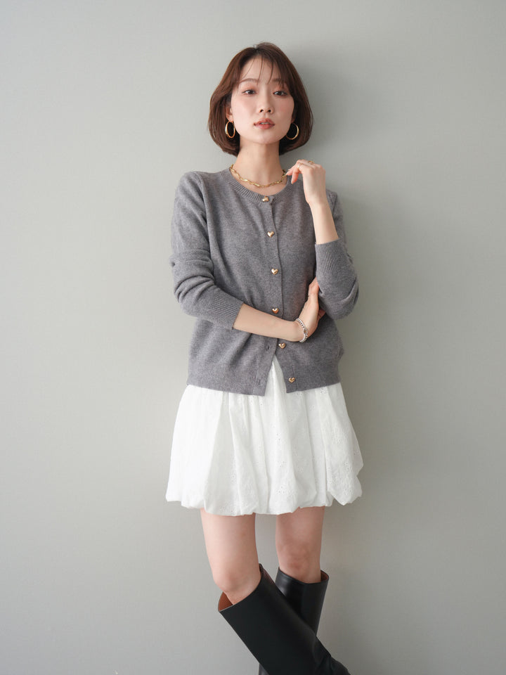 [SET]ハートボタンニットカーディガン+コットンライクレースバルーンミニスカート(2set)