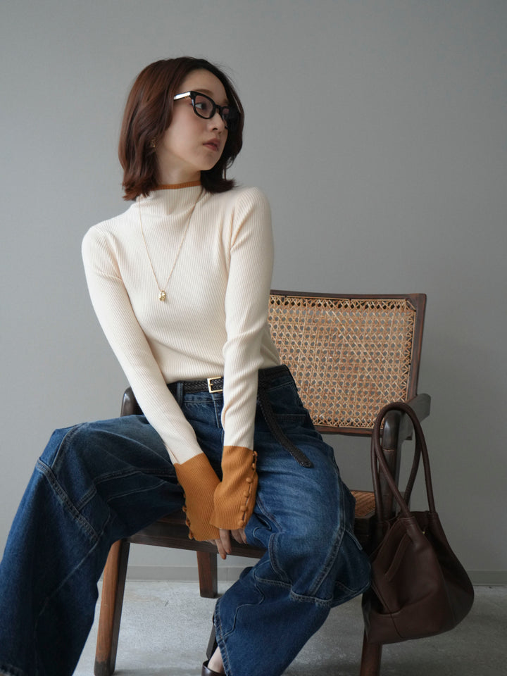 [予約]袖ボタンハイネック配色リブニットトップス/ivory