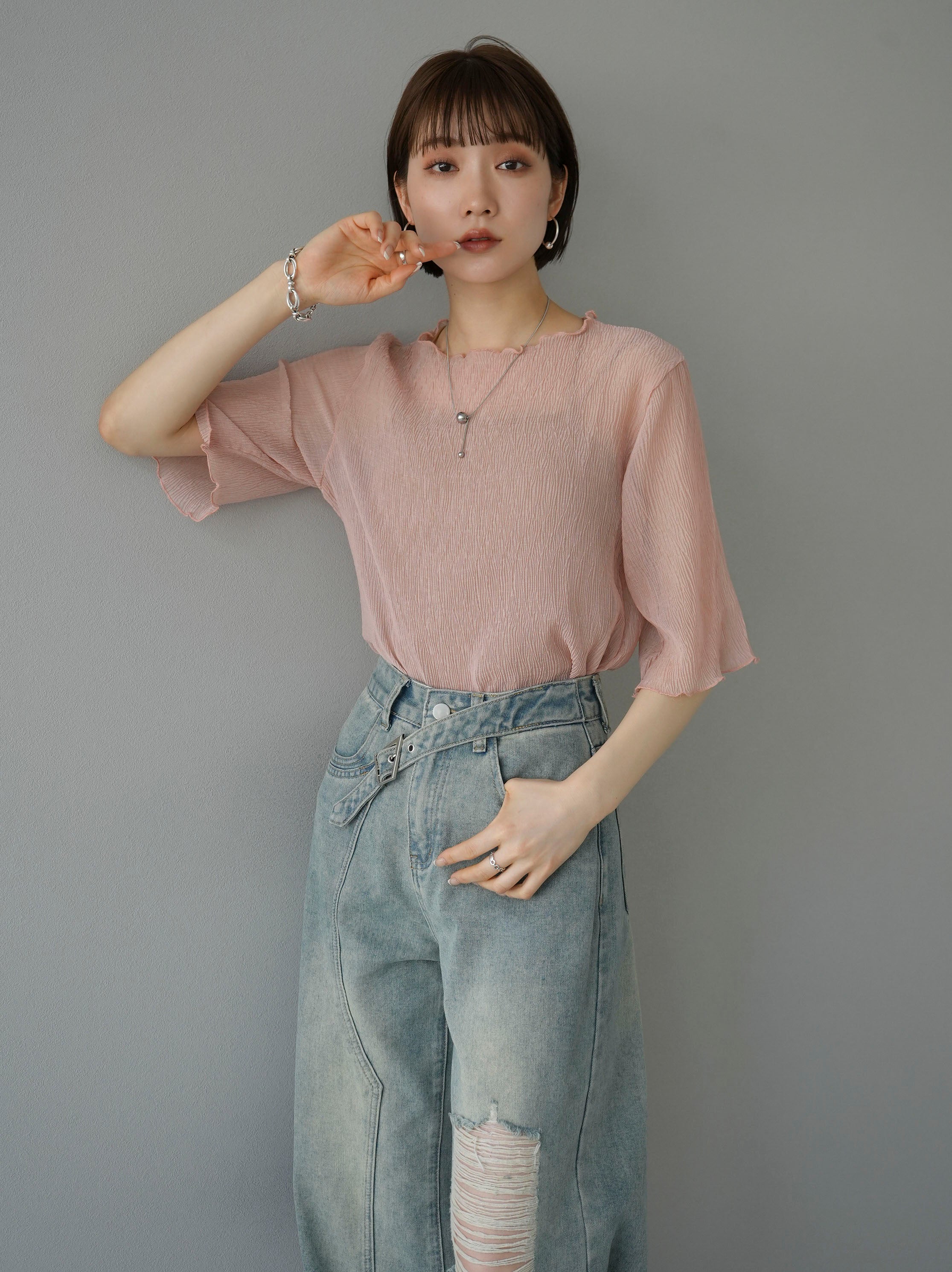 予約]楊柳シアーメローハーフスリーブトップス/ピンク – Lumier