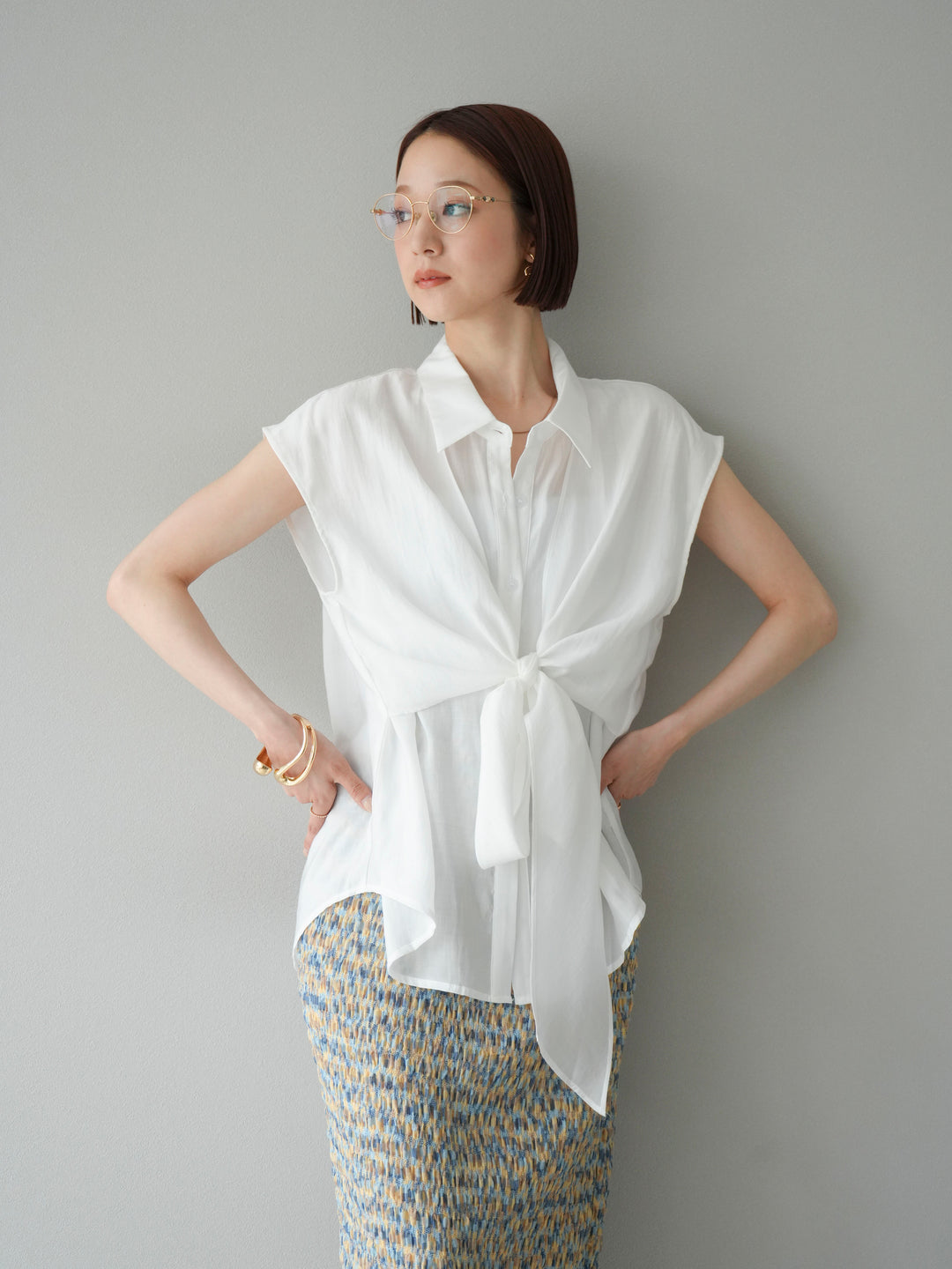 [SET]フロントタイシアーブラウス+マルチカラーランダムプリーツタイトスカート(2set)