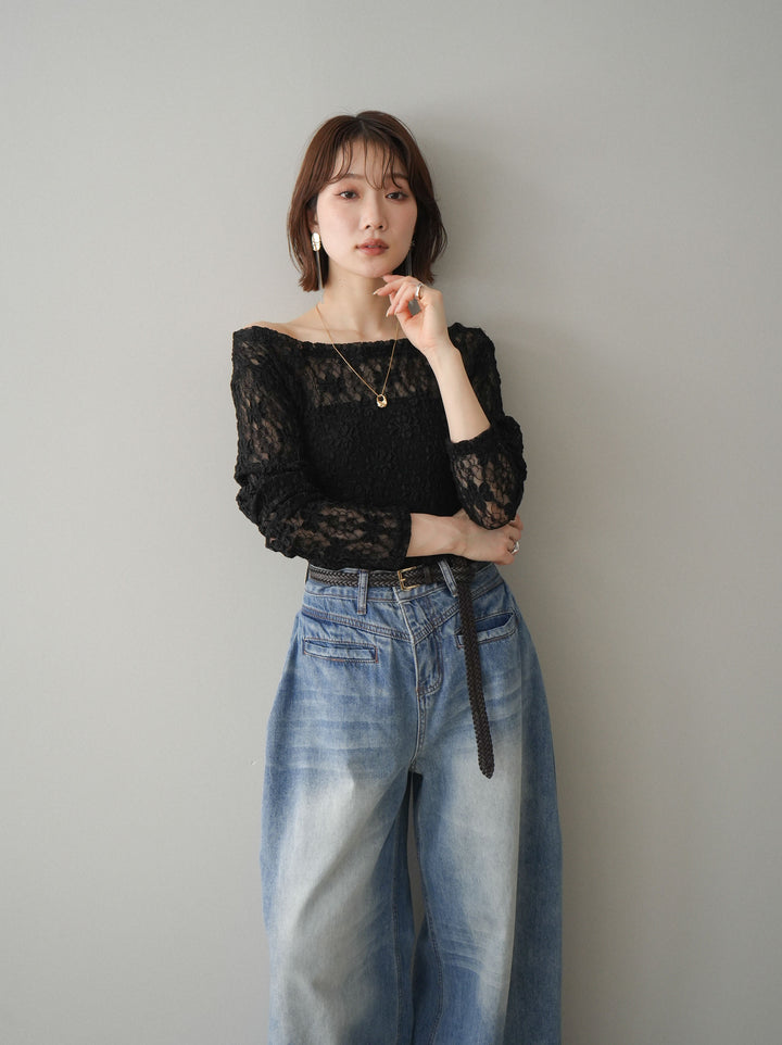 [SET]サイドギャザーレーストップス+フロントポケットサイドタックワイドデニム(2set)