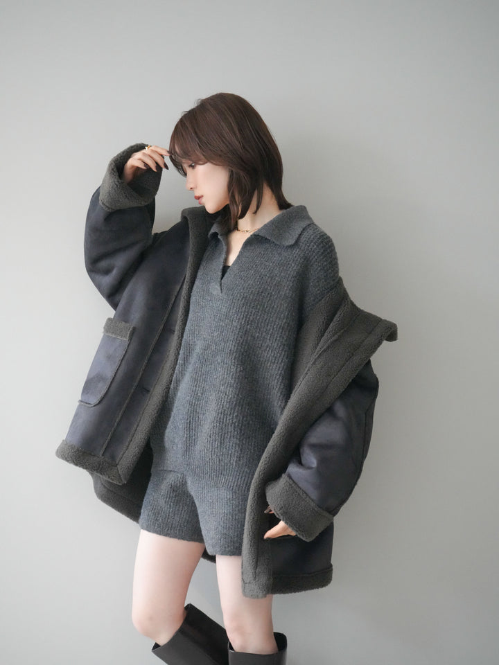 [SET]ポロニットプルオーバー＆ショートパンツSET UP+スタンドネックフェイクムートンミディアムコート(2set)