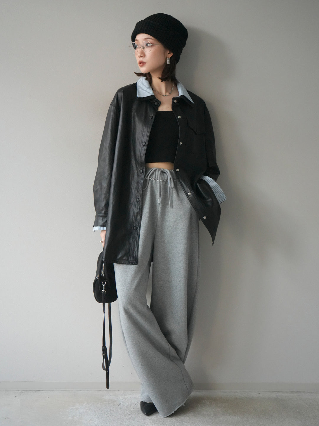 [予約]シャツレイヤードデザインレザージャケット/black