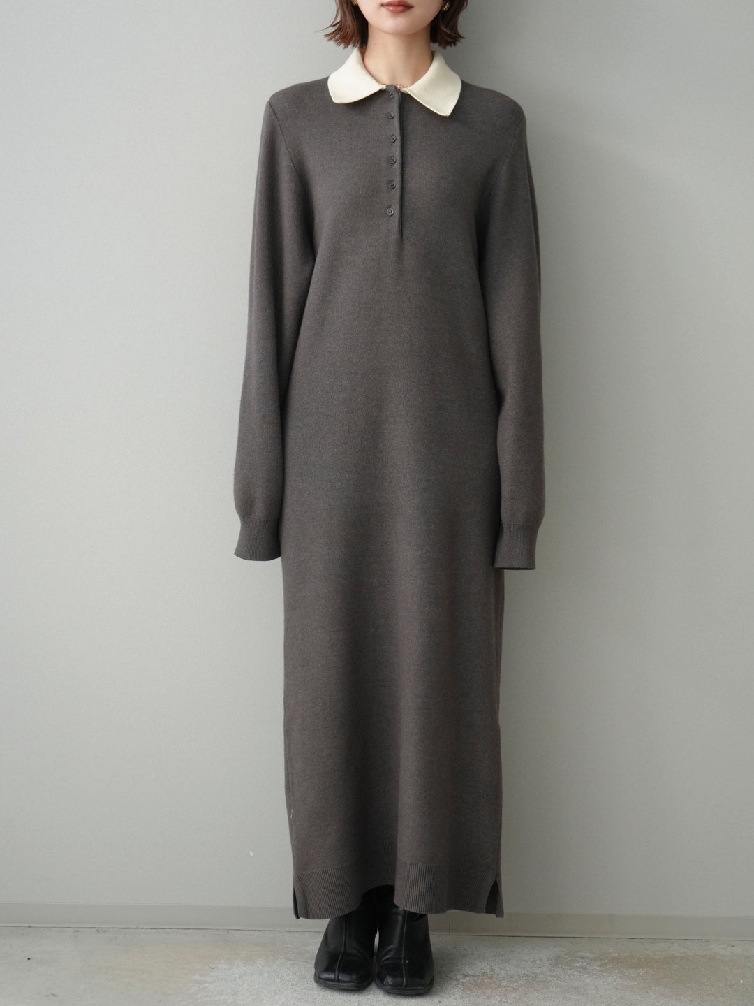 [予約]配色ポロニットワンピース/charcoal