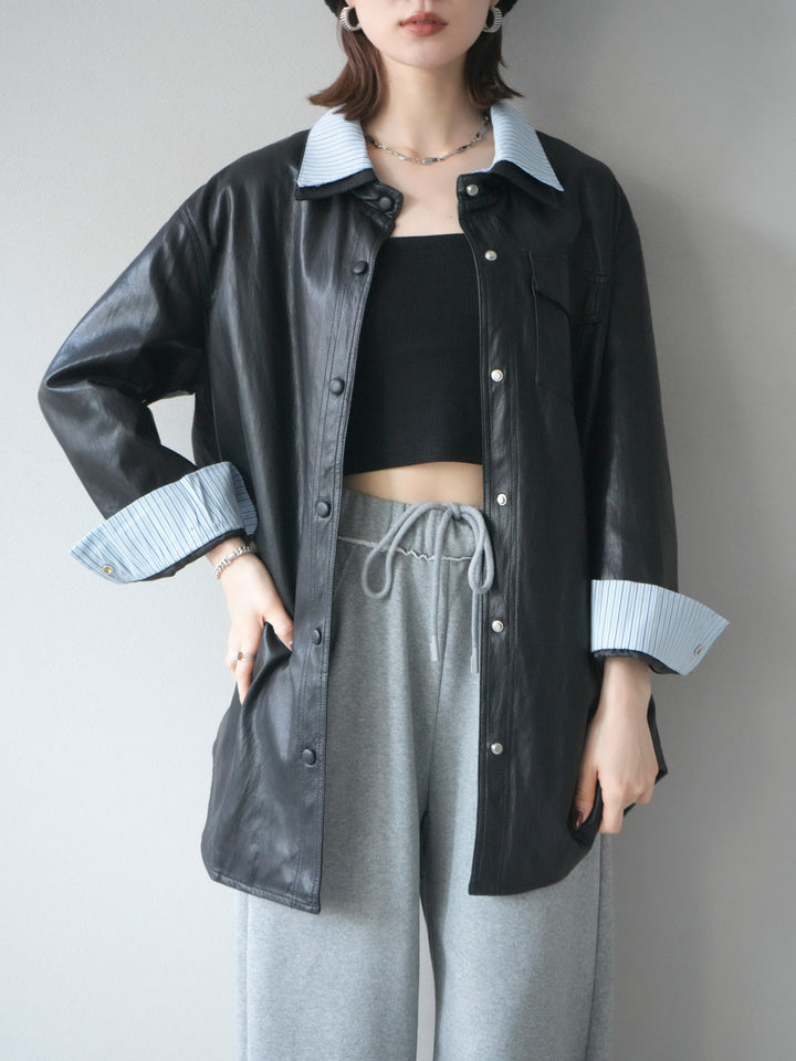[予約]シャツレイヤードデザインレザージャケット/black