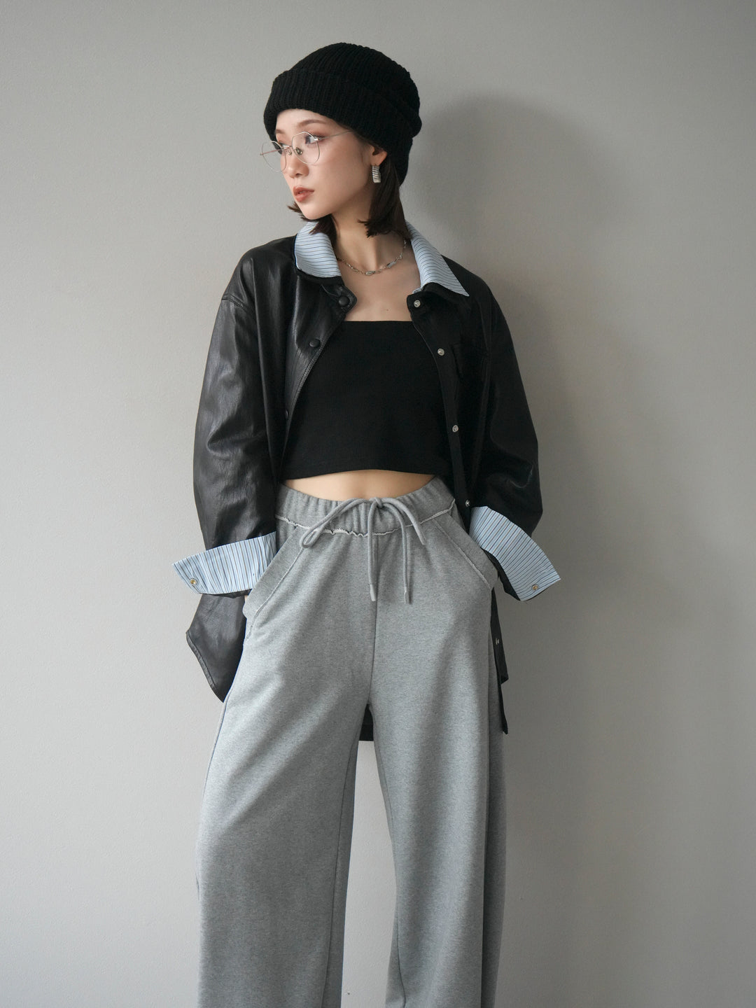 [予約]シャツレイヤードデザインレザージャケット/black