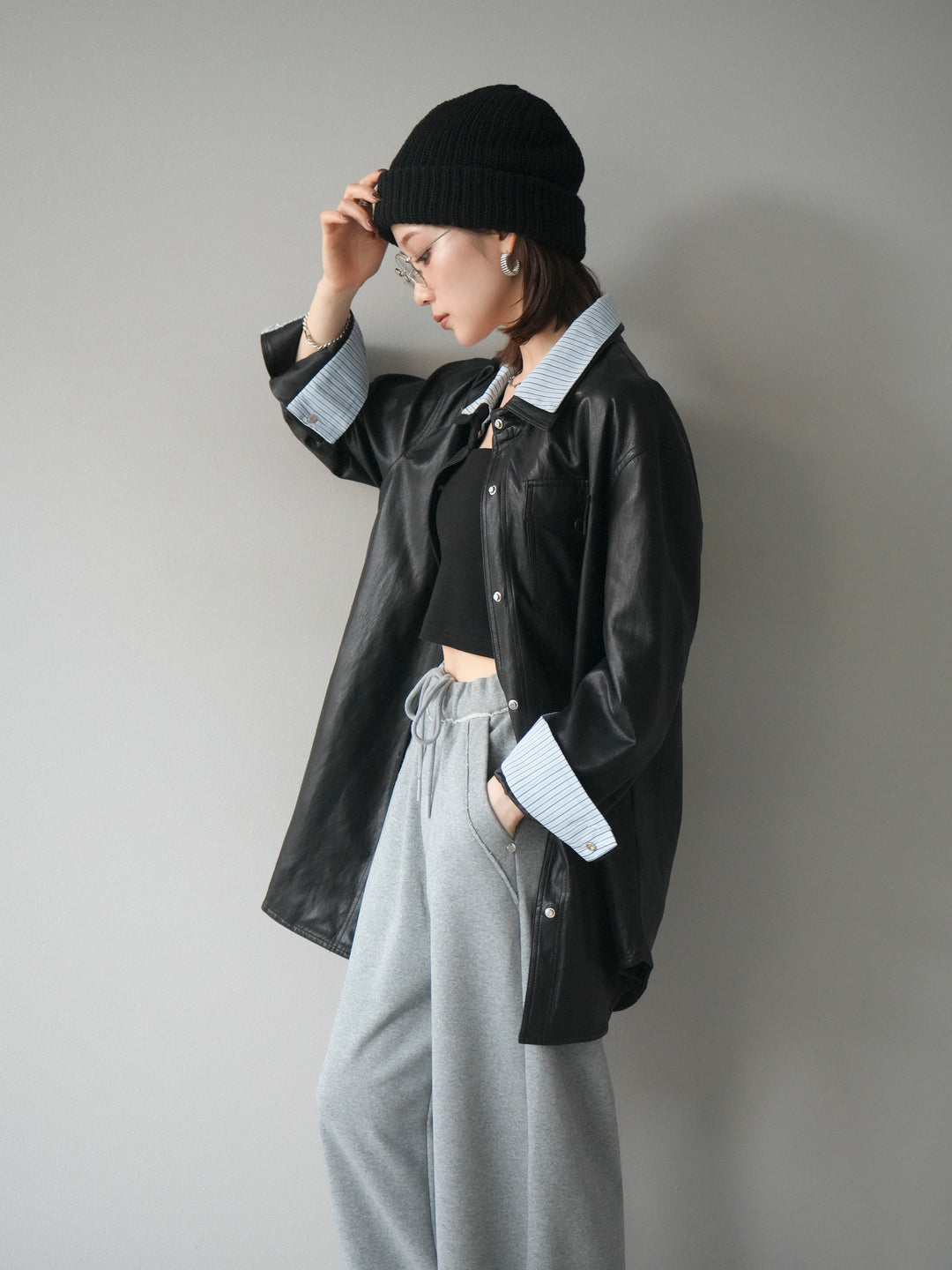 [予約]シャツレイヤードデザインレザージャケット/black