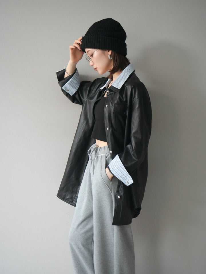 [予約]シャツレイヤードデザインレザージャケット/black