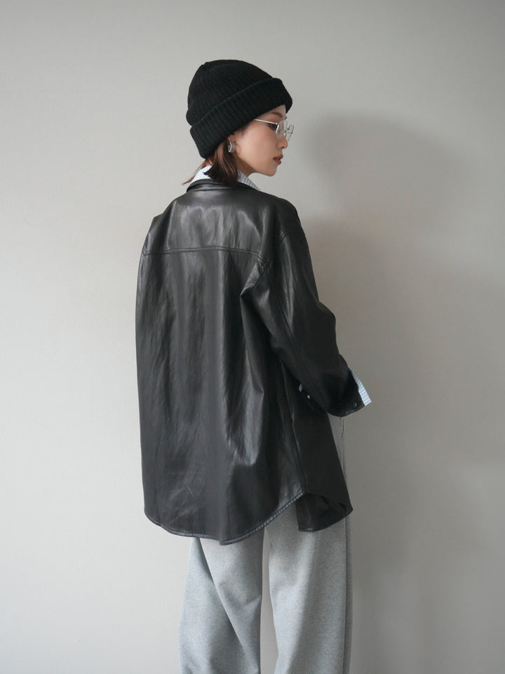 [予約]シャツレイヤードデザインレザージャケット/black
