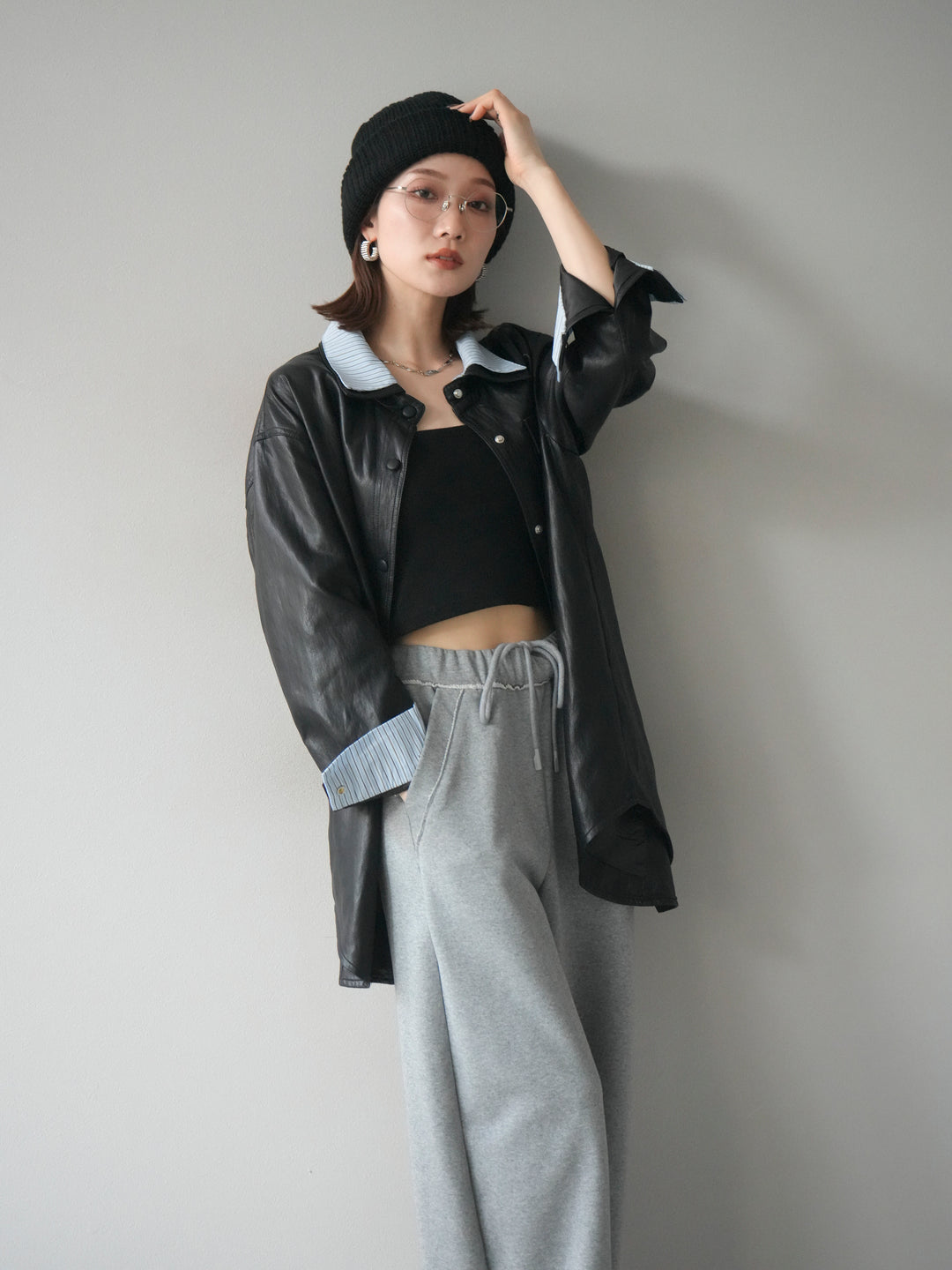 [予約]シャツレイヤードデザインレザージャケット/black
