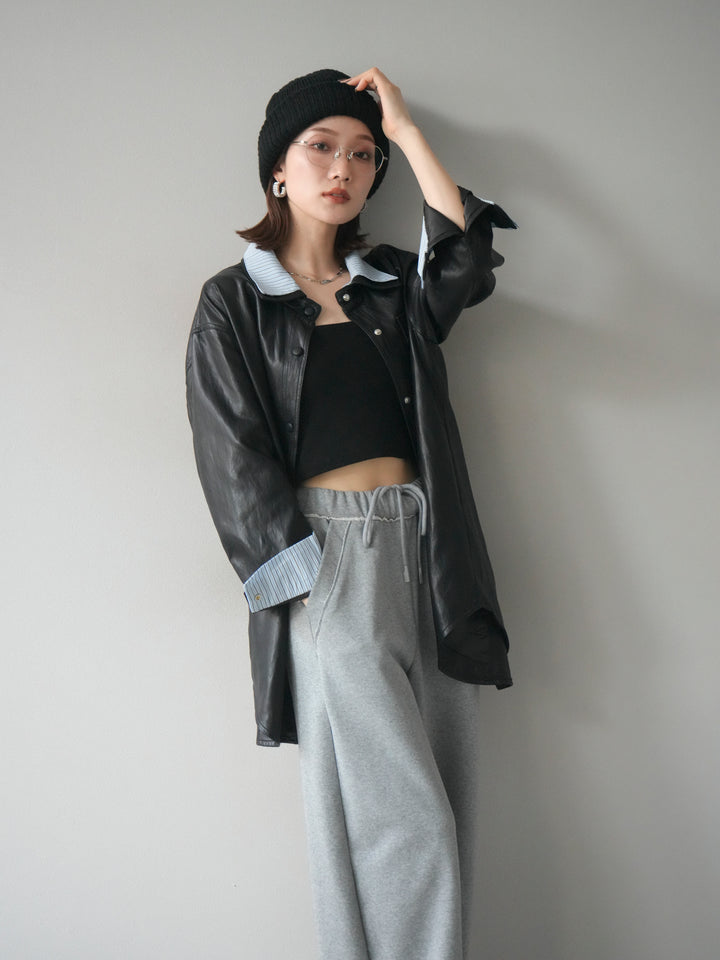 [予約]シャツレイヤードデザインレザージャケット/black