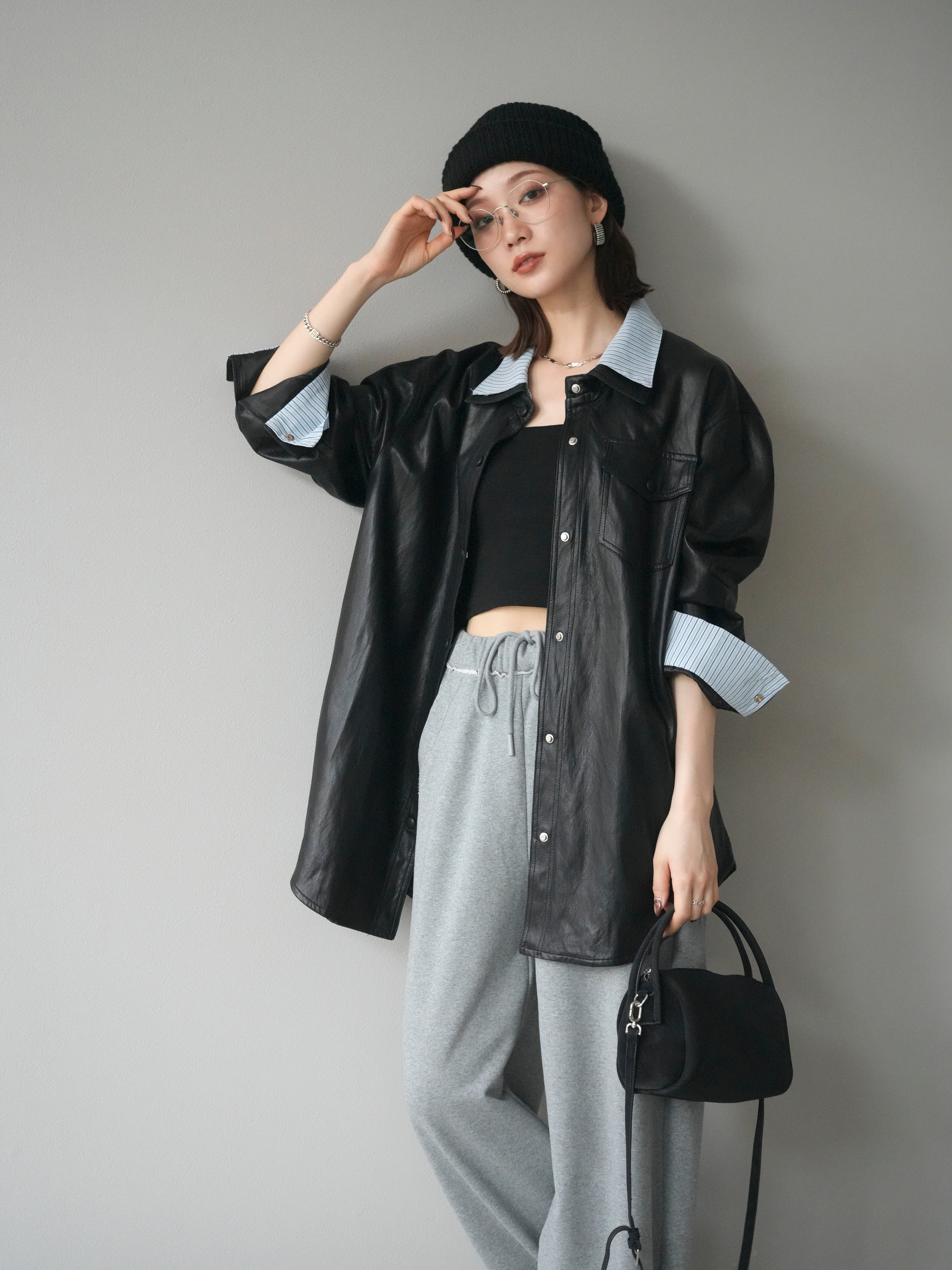 予約]シャツレイヤードデザインレザージャケット/black – Lumier