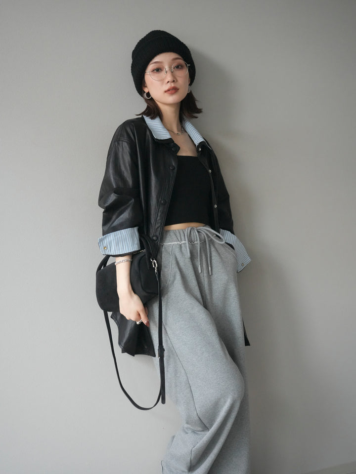 [予約]シャツレイヤードデザインレザージャケット/black