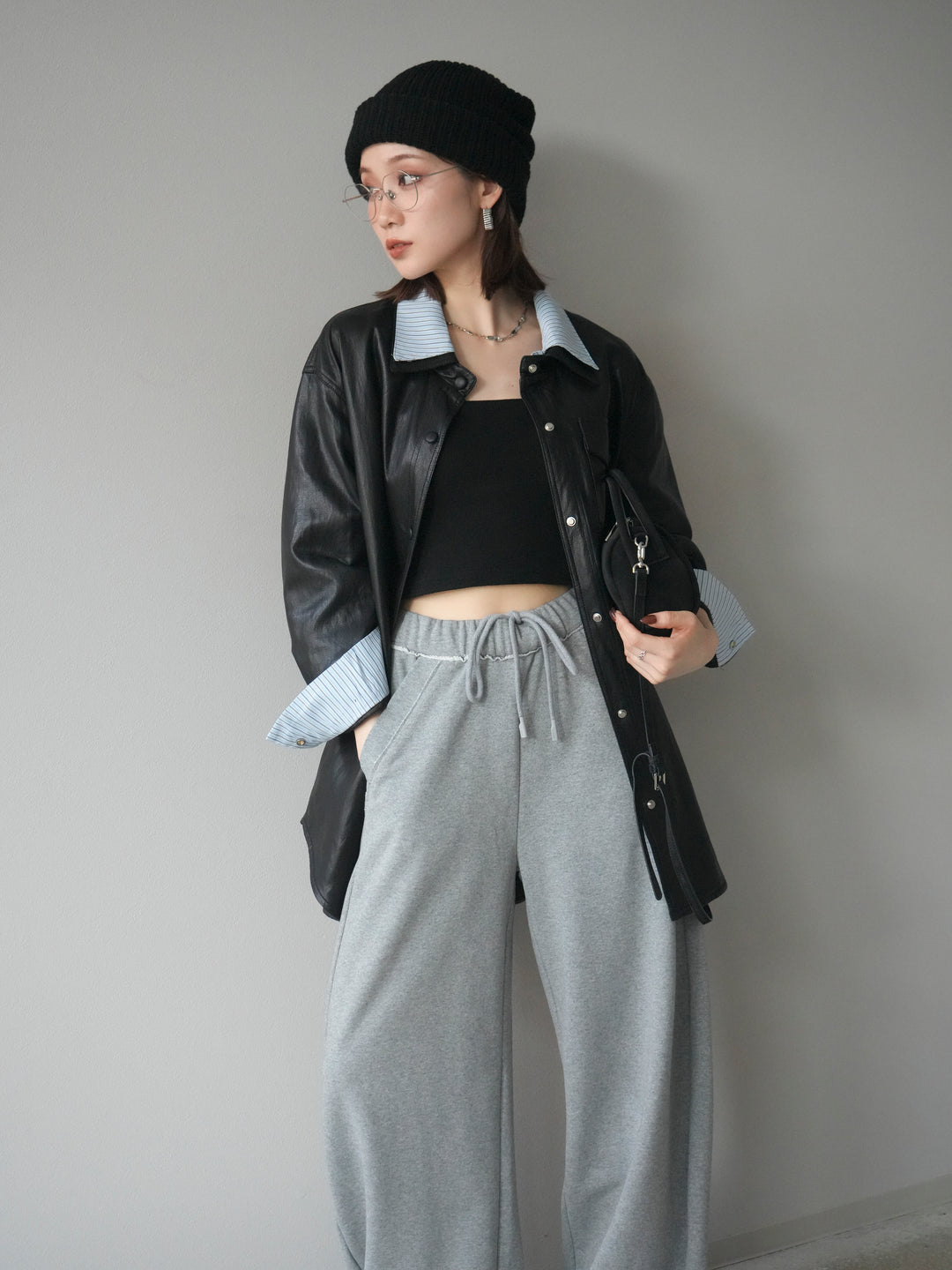 [予約]シャツレイヤードデザインレザージャケット/black