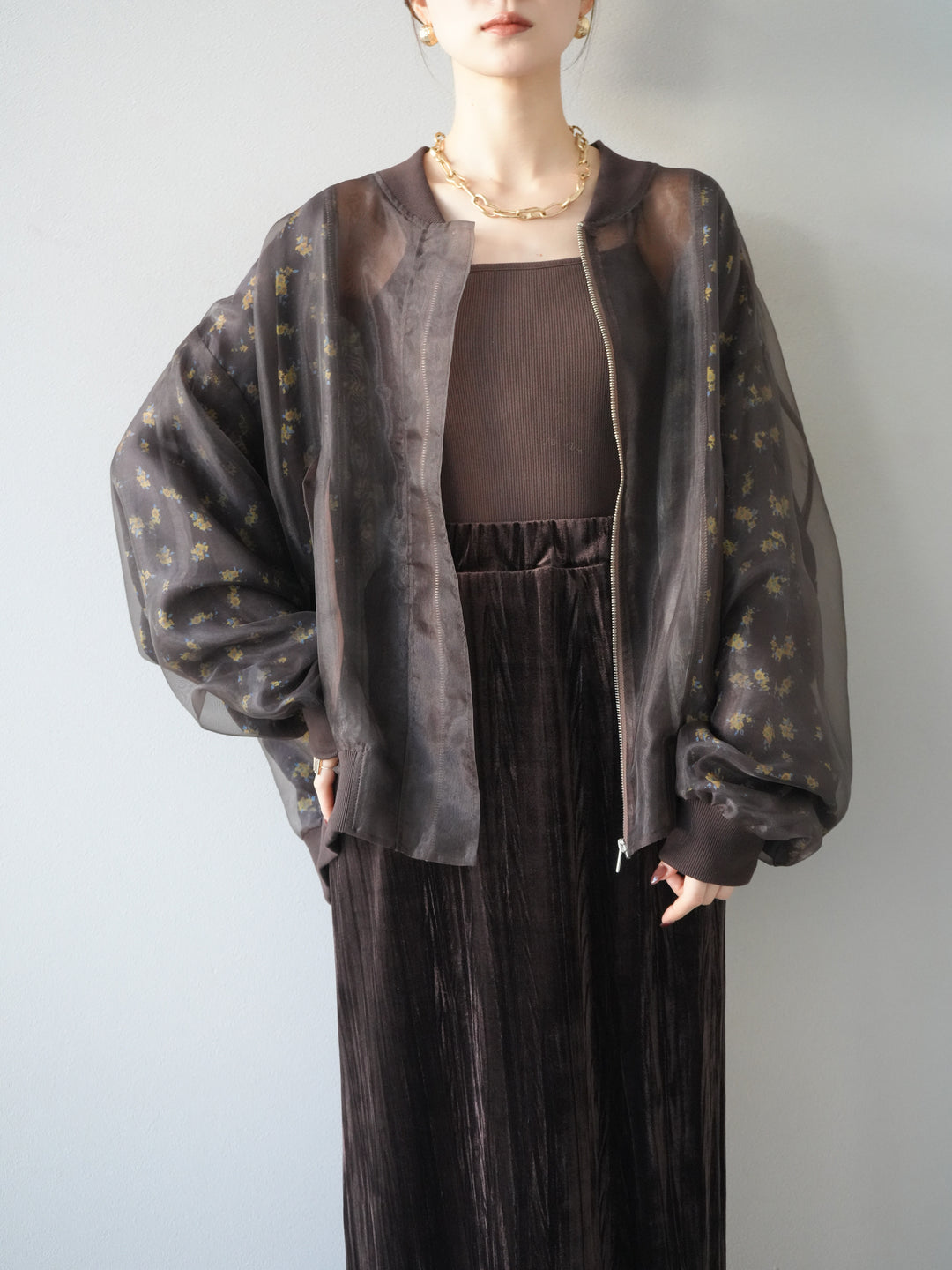[予約]フラワーチュールドッキングブルゾン/ブラウン