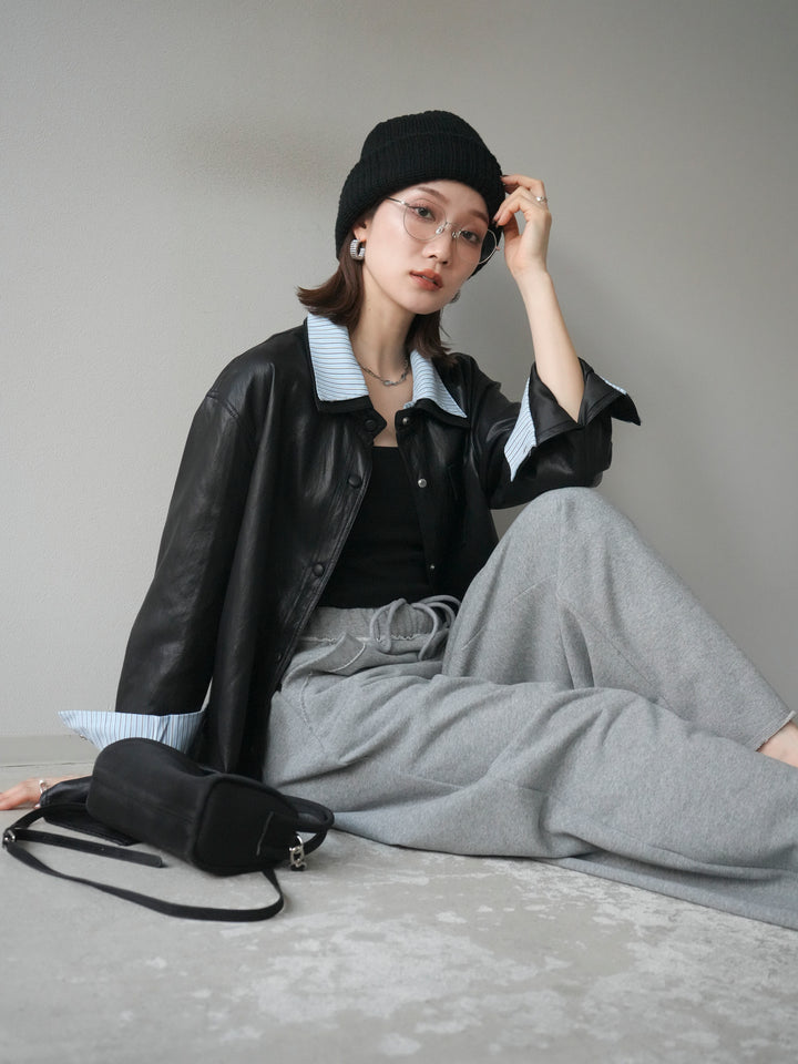 [予約]シャツレイヤードデザインレザージャケット/black