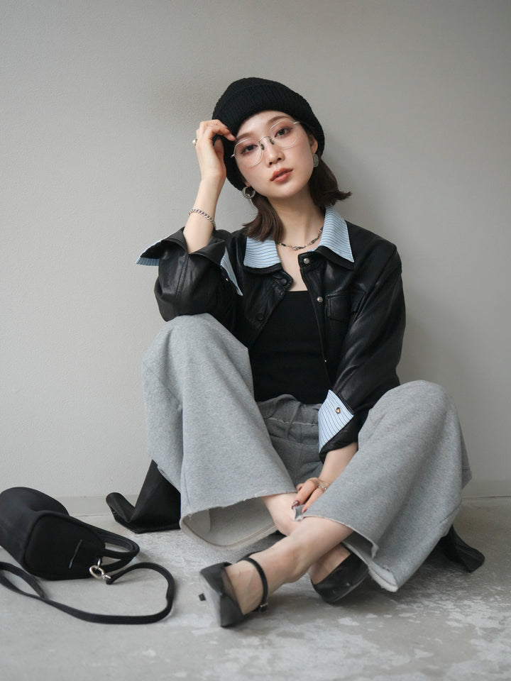 [予約]シャツレイヤードデザインレザージャケット/black