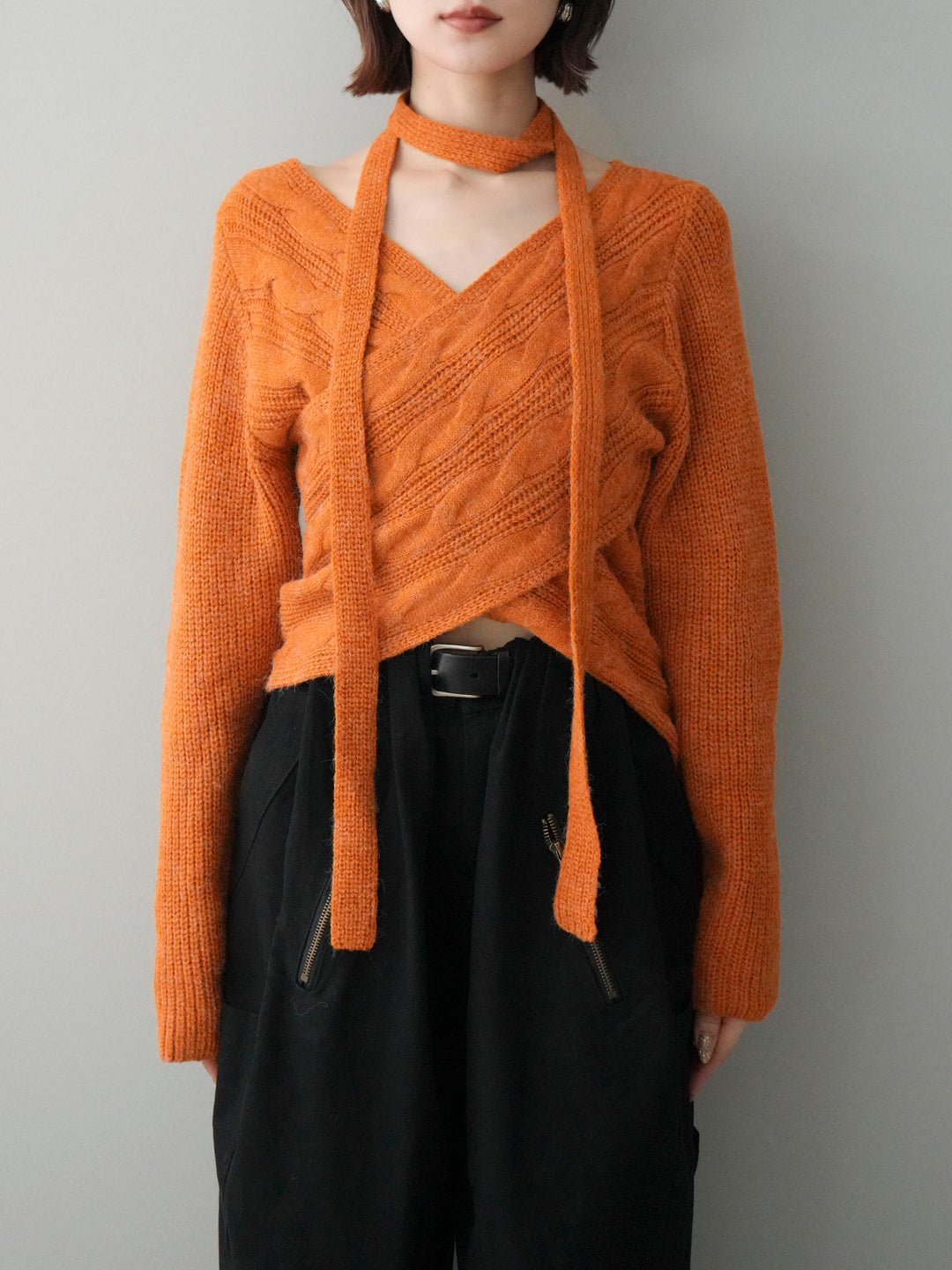 [予約]ケーブル編みクロスニットトップス/orange